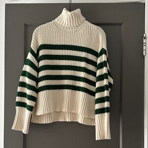 Cream and Green Striped Turtleneck Sweater
